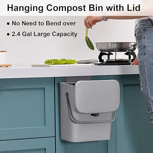 LALASTAR Kitchen Compost Bin for Countertop or Under Sink, Hanging Small Trash Can with Lid for RV/Office/Bedroom/Dorm, Mountable Indoor Compost Bucket, 9L/2.4 Gal, Grey