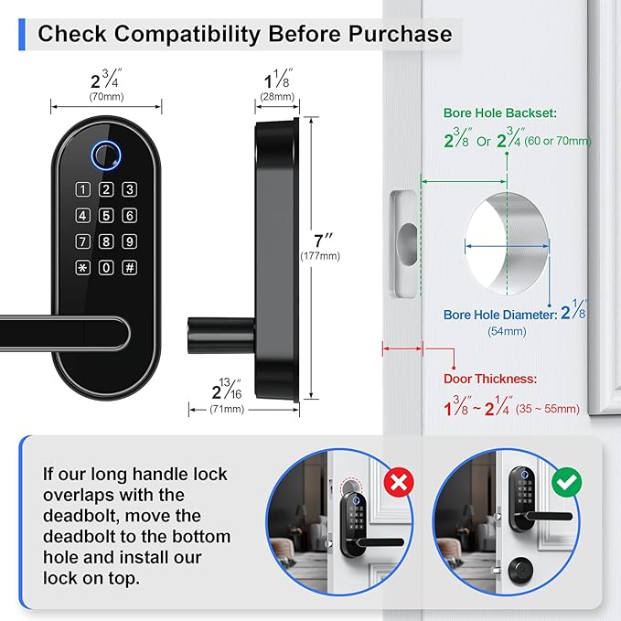 Bluetooth Fingerprint Smart Lock with Handle & Keypad – Fits Most US Doors, DIY Install, Keyless Entry: Code, FOB, Auto-Lock. Ideal for Home, Airbnb & Rental, Kids & Seniors. Alexa & Google Compatible