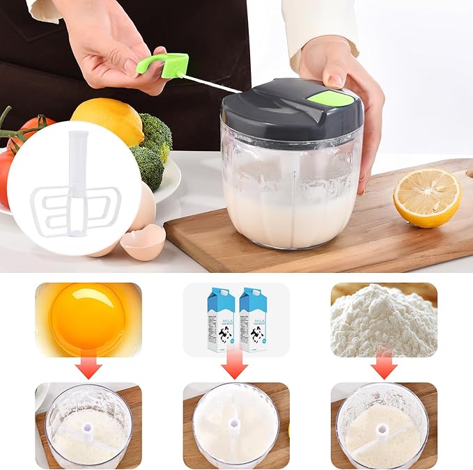 Manual Food Processor Vegetable Chopper, Portable Hand Pull String Garlic Mincer Onion Cutter for Veggies, Ginger, Fruits, Nuts, Herbs, etc., (900ml,Gray-green)