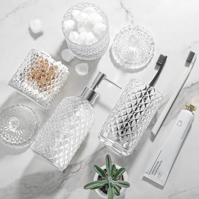 Bathroom Accessories Set, 4 Pack Clear Glass Bath Accessory Sets Complete, Diamond Soap Dispenser and Toothbrush Holder Set for Bathroom Counter Organizer Essentials, Modern Bathroom Decor