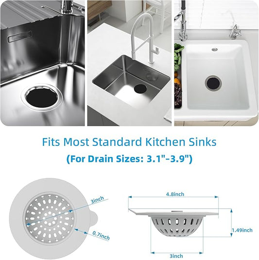 4 Pack Silicone Kitchen Sink Drain Catcher with Lid, 4.4" Top / 3" Mesh Basket, Grey Strainers for 3.1–3.9 Inch Openings, Anti-Clog Reusable Sink Stopper Covers, Odor-Proof & Easy to Clean