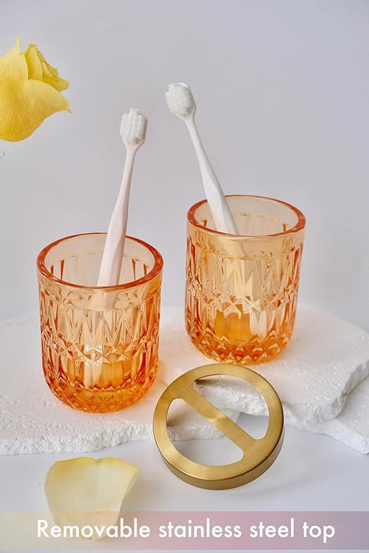 Orange Bathroom Accessories Set, 5Pcs Clear Glass Bathroom Set Accessories, Lotion Soap Dispenser, Soap Dish, Tumbler, Toothbrush Holder Set, Qtips Holder for Crystal Vintage Bathroom Decor,