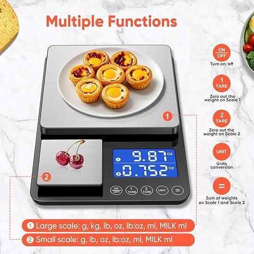 0.001 oz / 33 lb Dual Platform Kitchen Scale, Digital Food Scale with Two Precision Surfaces, LCD Display, 7 Units, Tare & Accumulation Functions – Perfect for Baking, Sourdough, and Cooking