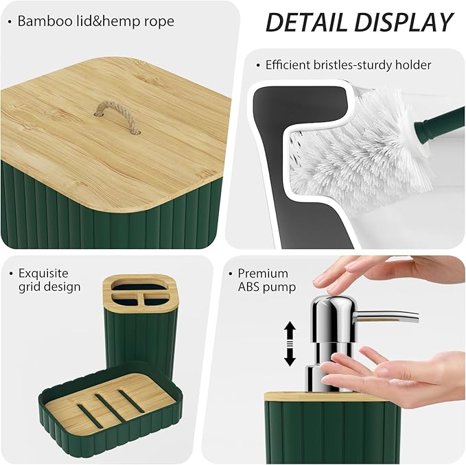 Bathroom Accessories Set - 10PC Bathroom Set, Green Bathroom Set, Bathroom Accessories Set, Toilet Brush, Bathroom Trash Can & Soap Dispenser