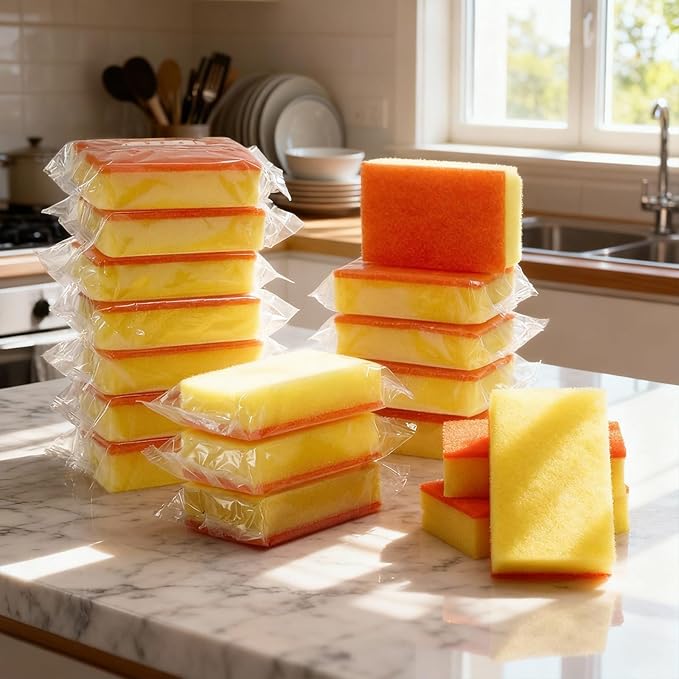 Tioncy 100 Pcs Individually Wrapped Sponges Kitchen Bulk Orange Dish Non Scratch Scrub Sponges Dual Sided Cleaning Dish Scrubber for Washing Dishes, Pots, Pans, Sinks, Stoves, Appliances, Car, Bike