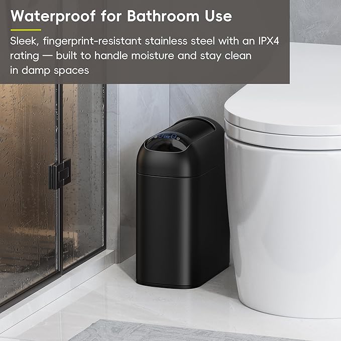 EKO Astro Slim Sensor Trash Can, 10L / 2.6 Gallon Touchless Garbage Bin with Soft-Close Butterfly Lid, Motion Sensor Stainless Steel Trash Can for Bathroom, Kitchen and Office, Matte Black, Waterproof