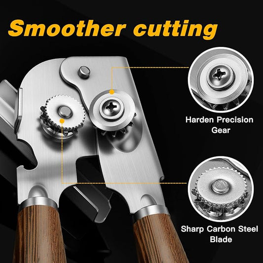 Upgraded Efficient Manual Can Opener - Selected Solid Wood Handle, Sharp and Smooth Blade Edge, Portable Design, Easy-Open Large Knob, Versatile for Various Bottle Caps(Wenge)