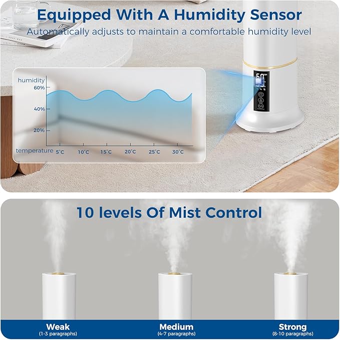 Humidifiers for Bedroom 9L Cool Mist with Essential Oil Diffuser, Humidifier Large Room, 24dB Quiet Air Humificador fit Baby Nursery & Plants, 360° Adjustable, Easy Fill & Cleaning