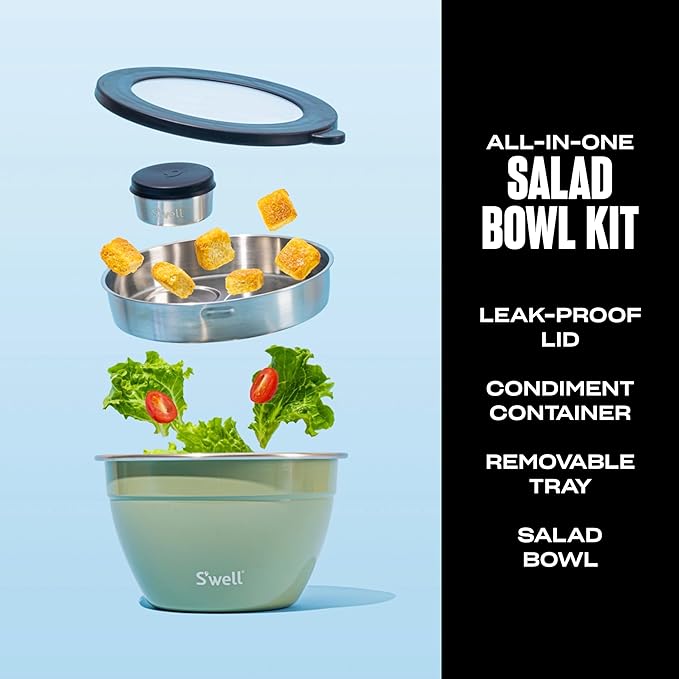 S'well Stainless Steel Salad Bowl Kit 64oz, Mountain Sage, Comes with 2oz Mini Canister and Removable Tray for Organization, Leakproof, Easy to Clean, Dishwasher Safe