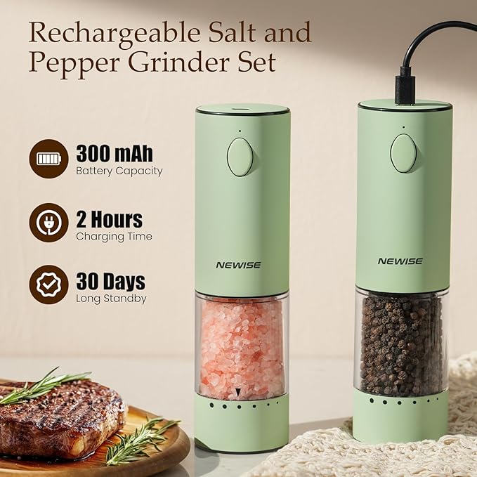 Electric Salt and Pepper Grinder Set Rechargeable with LED Lights, Automatic Pepper & Salt Mill, Adjustable Coarseness, Large Capacity, Green