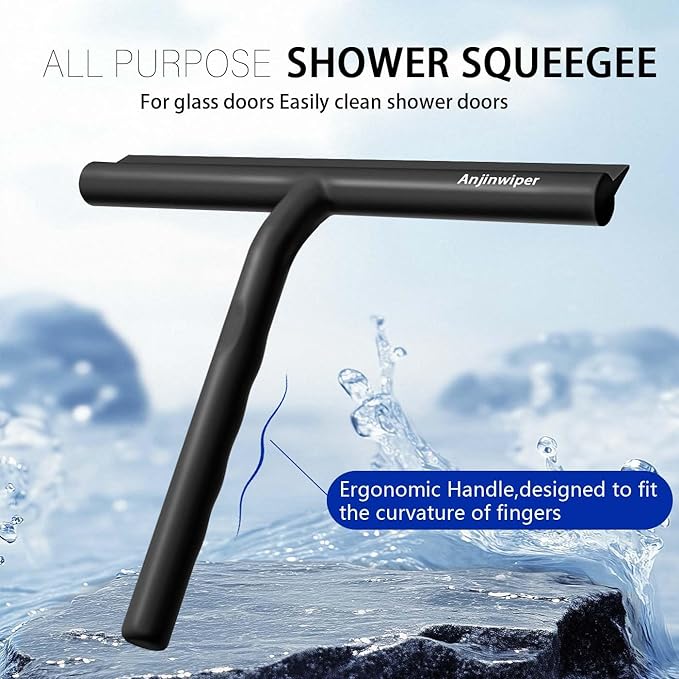 All-Purpose Shower Squeegee for Glass Doors, Shower Door Squeegee with Hook, Silicone Squeegee for Bathroom, Shower Doors, Mirrors, Tiles(Black)