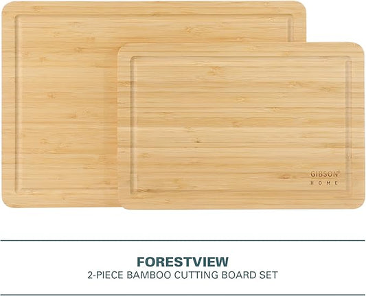 Gibson Home Forestview 2-Piece Bamboo Cutting Board Set – 15" & 12" Wooden Durable Kitchen Chopping Carving Boards with Juice Grooves, Oil Finished
