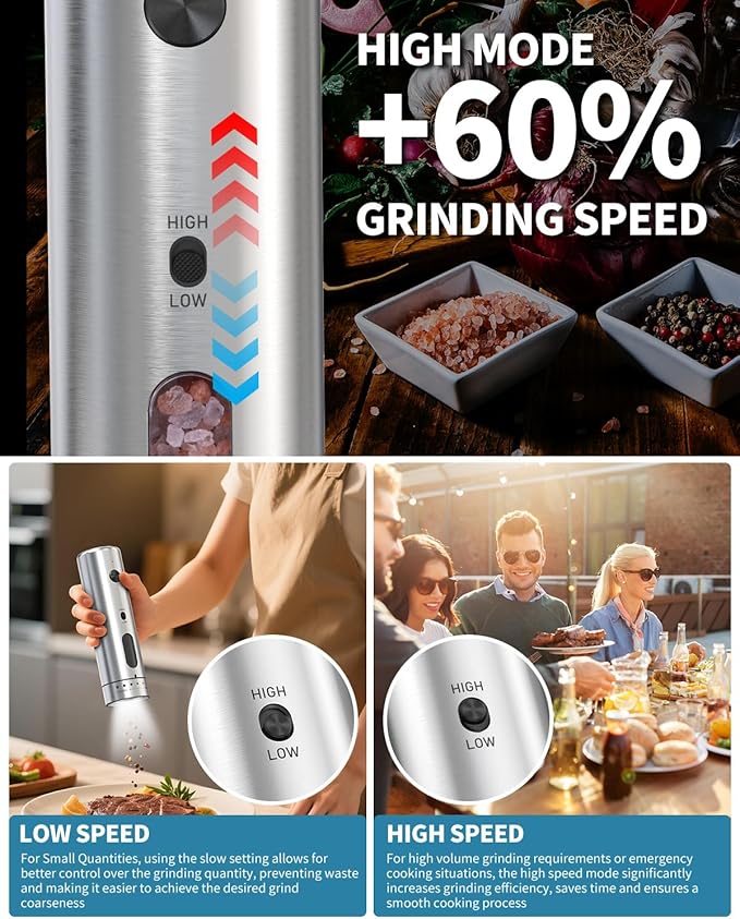 CIRCLE JOY Electric Salt and Pepper Grinder Set with Rechargeable Base Upgraded Stainless Steel Automatic Salt and Pepper Shakers with 2 Grinding Speeds, External Adjustment and 176ml Capacity, Silver