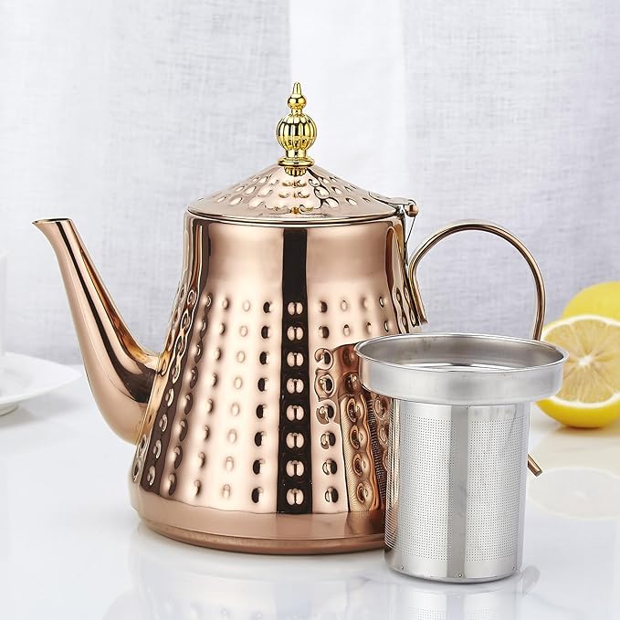 SANQIAHOME 1.2L(40oz) Stainless Steel Hammer Patterned Teapot With Removeable Infuser,Loose leaf cover,Copper