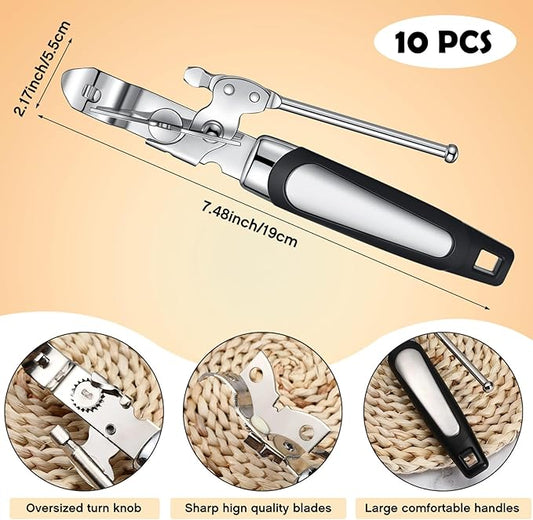 Gisafai 10 Pcs Can Opener Manual Bulk Smooth Edge with Sharp Blade and Soft Non Slip Grip Handle Heavy Duty Handheld Safety Can Opener, Black and Silver