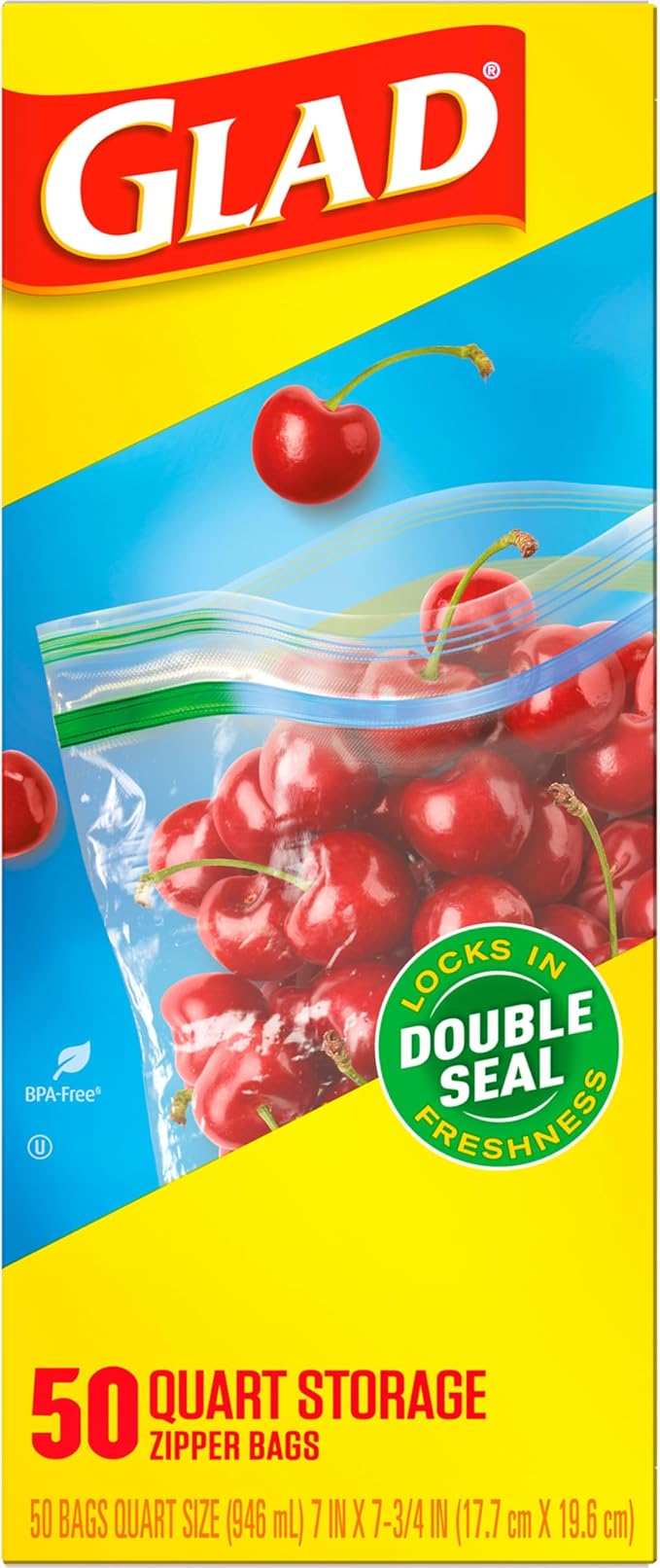 Glad Zipper Food Storage Plastic Bags, Quart, 50 Count (Package May Vary)