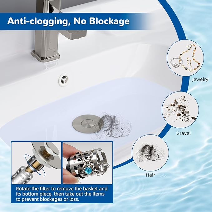 Hibbent 2 Pack Upgraded 3 in 1 Bathroom Sink Drain Strainer, Universal Pop Up Stopper with Removable Stainless Steel Filter Basket Hair Catcher, Sink Plug for 1.1''~2.36'' Basin, Brushed Nickel
