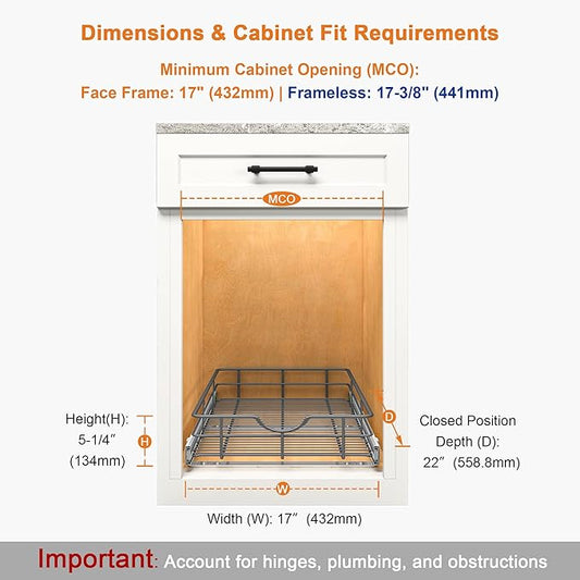 ALINE FURNITURE Pull Out Shelves - 17" W x 22" D Soft Close Pull Out Cabinet Organizer 1 Tier - Slide Out Drawers with Shelf Liner, Heavy Duty Steel Wire Baskets for Kitchen Cabinets, Pantry, Bathroom