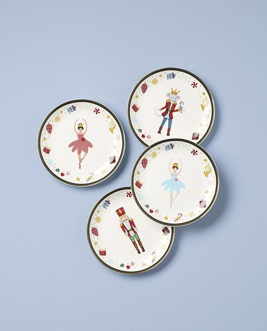 Lenox Dinnerware, Nutcracker Ballet Tidbit Plates, Service for 4, Microwave Safe & Dishwasher Safe Porcelain, Pasta and Salad Dinnerware, Christmas Decor, Nutcracker Ballet (Assorted Plates, 4 Piece)