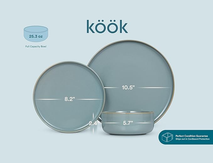 Dinnerware Set, 12 Piece, by Vase and Vessel, Ceramic 10.5”Dinner Plates, 8.2”Salad Plates and 25 oz Soup Bowls, Stoneware, Microwave and Dishwasher Safe, 12 Piece Set, Sage Green, Somerset Collection
