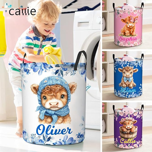 callie Personalized Highland Cow Laundry Basket for Kids Girls, Waterproof Collapsible Laundry Hamper, Clothes Toys Storage Bin for Bedroom (13.8" x 16.5", 15.7" x 19.6")