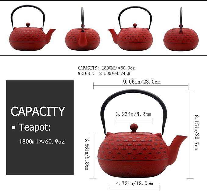 YJX 60.9 fl oz Cast Iron Teapot, Large Tea Kettle for Stove Top, Red Tea Pot with Stainless Steel Infuser for Loose Tea, 1.8L Japanese Enameled Metal Teapot