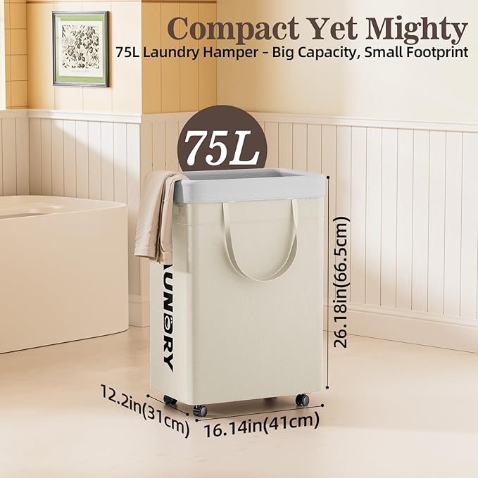 YECAYE 75L Rolling Laundry Hamper, Easy-to-Assemble Clothes Hamper with Wheels, Rolling Dirty Clothes Basket, Slim Basket for Bedroom, Bathroom, or Laundry Room, Beige