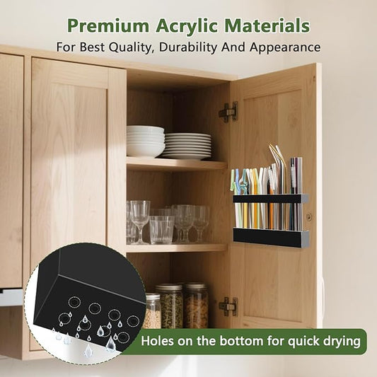 9.5” Large Acrylic Straw Holder for Cabinet Door - Reusable Tumbler Straw Organizer Storage, Small Kitchen Accessories Container, Ultra Sticky Cupboard Door Mounted (Black)