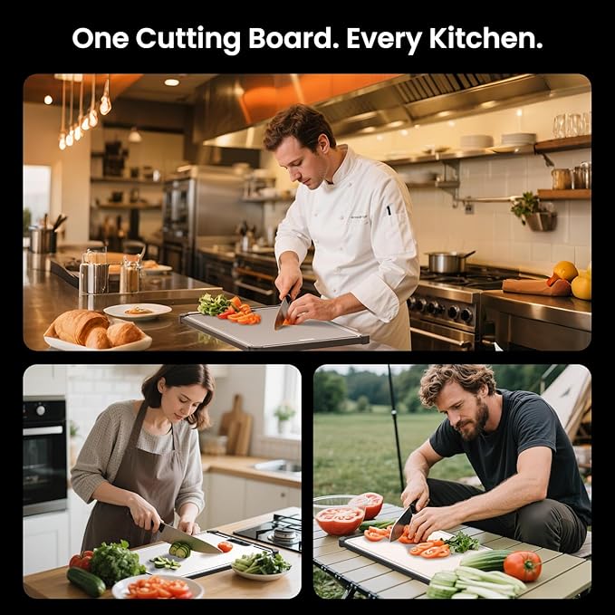 Premium 316 Stainless Steel Cutting Board for Kitchen– Double Sided,& BPA-Free Chopping Board with Food-Grade Steel &Eco-Friendly Wheat Straw PP,for Meat&Vegetables Healthy cutting boards non toxic