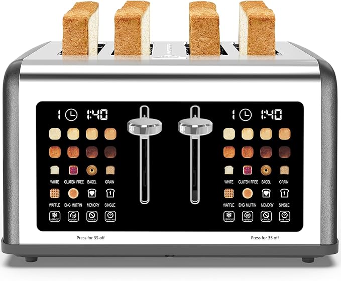 4 Slice Toaster Touch Screen, Stainless Steel Toasters Digital Timer, Dual Control Panel Toasters, 8 Shade Settings 6 Bread Types for Bagel, Cancel, Defrost 1650W Grey