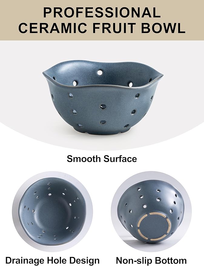 Gomakren Ceramic Berry Basket Set of 2, Elegant Fruit Basket Container 6 Inch, Fruit Bowl with Holes for Kitchen Counter, Berries, Strawberry, Grape, Cherry, Floral Shape - Slate Blue