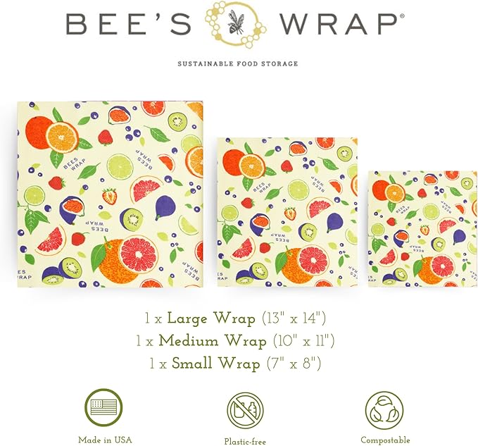 Bee's Wrap Beeswax Wraps for Food - Made in USA Reusable & Organic Food Wraps, Sandwich Wrap & Bowl Covers - Eco-Friendly Alternative to Aluminum Foil & Plastic Wrap, Fresh Fruit 3 Pack (S, M, L)