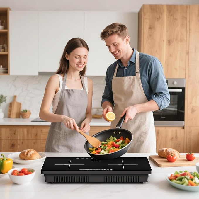 1800W Portable 2 Burner Countertop Electric Stove with Touch Control, Cross-Line Panel Design, 8 Power Levels, Timer, Safety Lock, Compatible with Magnetic Cookware