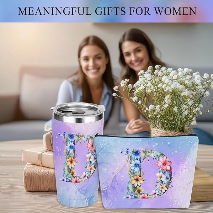 Personalized Gifts Monogrammed Birthday Gifts for Women, Boss Teacher Appreciation Christmas Initial 20 oz Tumbler, Makeup Bag Cup Ballpoint Pens Journal Notebook 6 Set, (Aesthetic Purple Flower D)