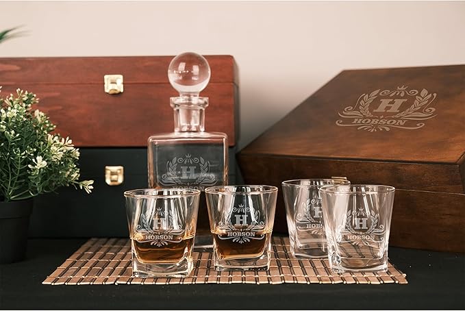Personalized Whiskey Decanter Set with Custom Whiskey Glasses - Personalized Gifts for Men With Engraved Wooden Box and Whiskey Stones