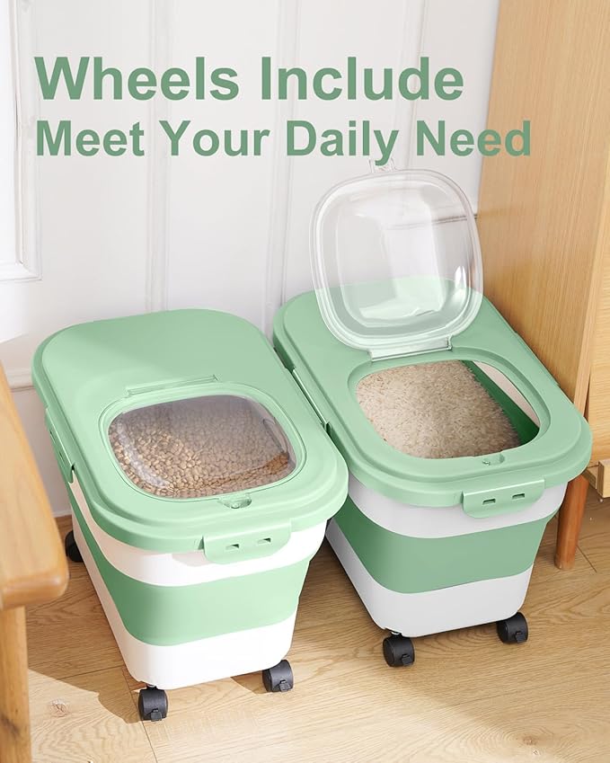 20-30 Lbs Rice Storage Container,Collapsible Food Storage Containers with Rolling Wheel Airtight Locking Lid,Flour Storage Container with Cup and Scoop,Suitable for Food,Rice,Pet Food,Flour