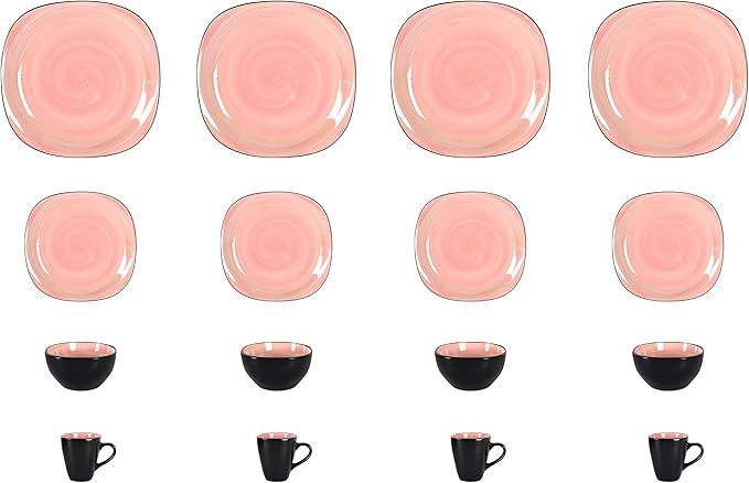 Stoneware Square 16pc Dinnerware Set, Inside Spinwaseh Swirl Rose + Outside Black