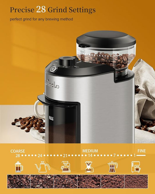 Wancle Burr Coffee Grinder Electric with 28 Grind Settings, 2-12 Cup Capacity Coffee Bean Grinder for Espresso, Drip & French Press, Stainless Steel Coffee Grinders with Chamber Cleaning Brush