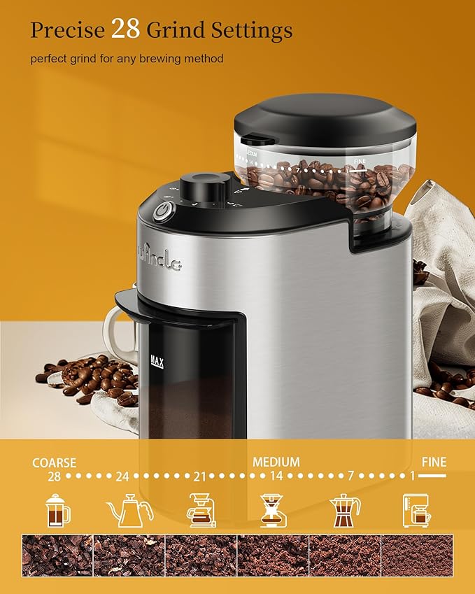 Wancle Burr Coffee Grinder Electric with 28 Grind Settings, 2-12 Cup Capacity Coffee Bean Grinder for Espresso, Drip & French Press, Stainless Steel Coffee Grinders with Chamber Cleaning Brush