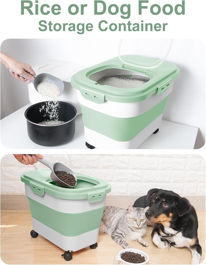 20-30 Lbs Rice Storage Container,Collapsible Food Storage Containers with Rolling Wheel Airtight Locking Lid,Flour Storage Container with Cup and Scoop,Suitable for Food,Rice,Pet Food,Flour