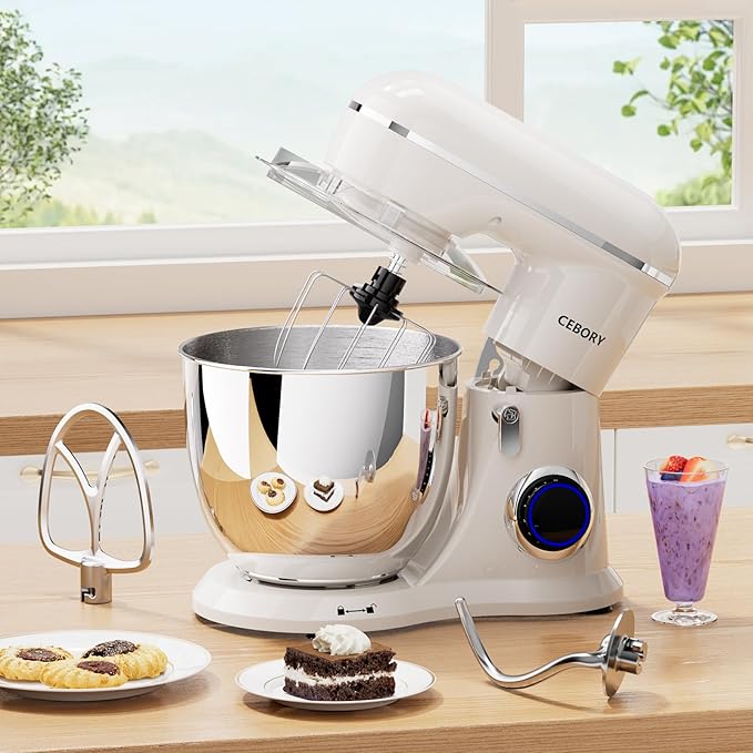 3-IN-1 Electric Stand Mixer, 6.5QT Bowl 660W 10-Speed Kitchen Mixer, Household Food Mixers include Dough Hook, Beater and Whisk, Bread Cake Mixer for Baking and Most Home Cooks, Almond Cream