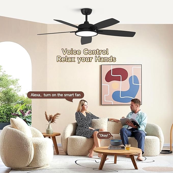 Roomratv 52 Inch Smart Ceiling Fan with Light,App Control,Ultra Silent Reversible DC Motor Fan Remote Control Compatible with Alexa Google home(black)
