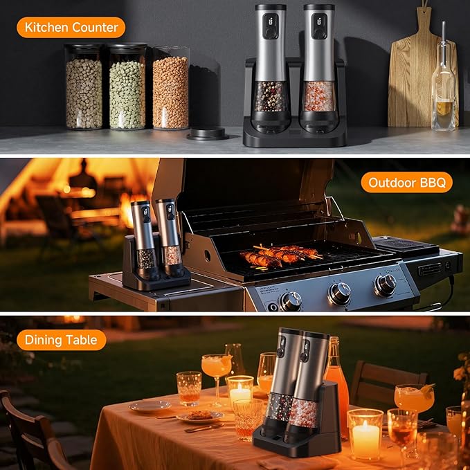 Electric Salt and Pepper Grinder Set,2 Pack Rechargeable Automatic Pepper Mill,with Charging Base,5 Level,Display,LED Lighting,Large Capacity,Kitchen Gift (2, Stainless steel, Charging Base)