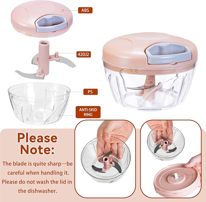 Manual Food Processor Vegetable Chopper, Portable Hand Pull String Garlic Mincer Onion Cutter for Veggies, Suitable for Vegetables, Ginger, Garlic, Fruits, Onion, Potato, Salad (Pink 500 ml)