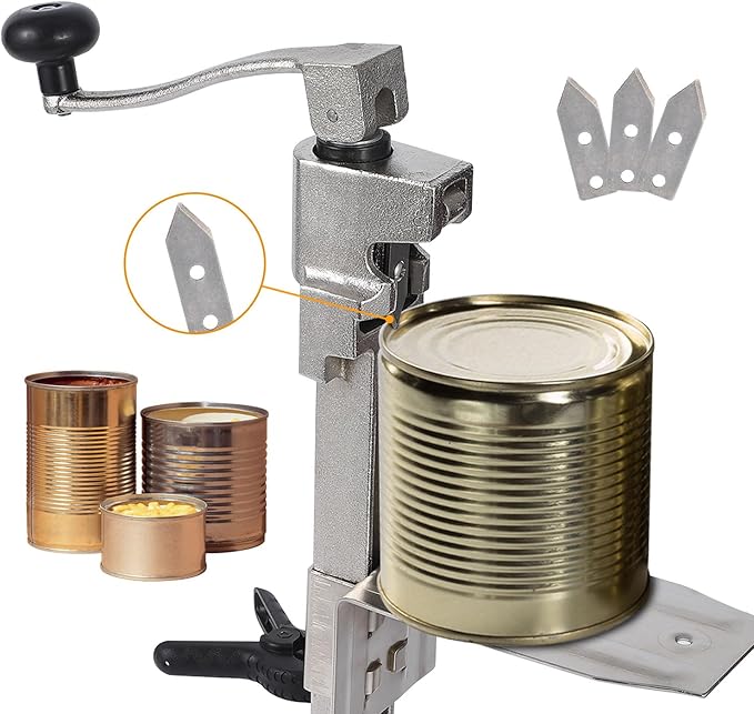 GarveeHome 11.8”/30 cm Manual Table Can Opener, Heavy Duty Commercial Countertop Can Opener with 3 Spare Blades, with Stainless Steel Blade and Plated Steel Base, Cast Iron
