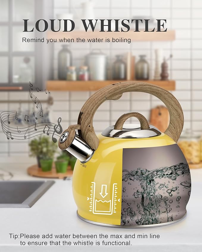 Tea Kettle for Stovetop, 2.7 Quart Loud Whistle Stovetop Teapots,Food Grade Stainless Steel Tea kettles for Stove Top with Anti-hot Ergonomic Handle,Suitable for All Heat Sources,Yellow