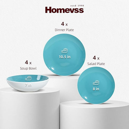 Stoneware Coupe Shape 12pc Dinnerware Set, Outside White + Inside, Tiffany Blue