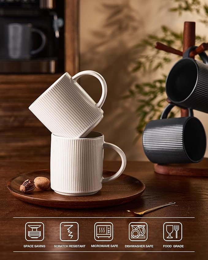 famiware Coffee Mug Set for 6, Star 16 oz Catering Mugs Cup Set with Handle for Coffee, Tea, Cocoa, Milk - Ceramic Stoneware Drinkware Set, Matte White + Matte Dark Charcoal