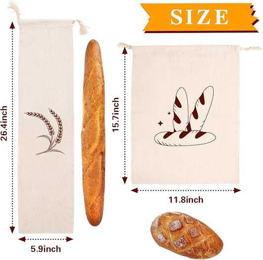 Augshy 4 Packs Linen Bread Bags for Homemade Bread, Unbleached, Reusable Bread Storage Bakery & Baguette