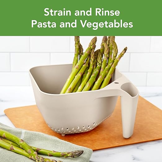 Tovolo 3 Quart Colander BPA Free Food Safe Plastic Strainer with Handle Heavy Duty Heat Resistant Pasta and Veggies Kitchen Drainer Steam Basket Dishwasher Safe, Oatmeal